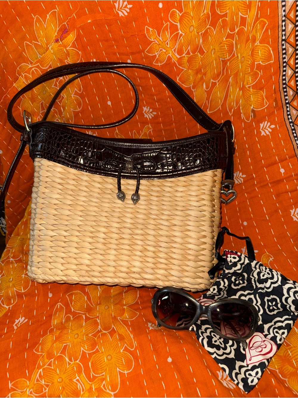 Brighton Straw Shoulder Bag W/ Leather Trim Heart Charm & Brighton Sunglasses